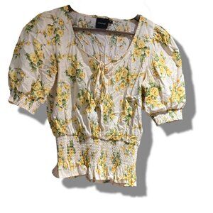 Cliche's Yellow Rose Short Puff Sleeve Blouse IN 100% Cotton Sice Small